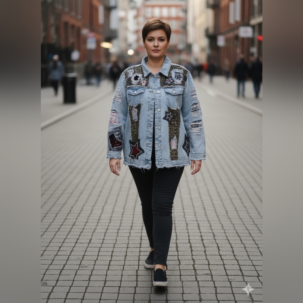 One Of a Kind Upcycled Patcwork & Embellished Denim Jacket. (L)